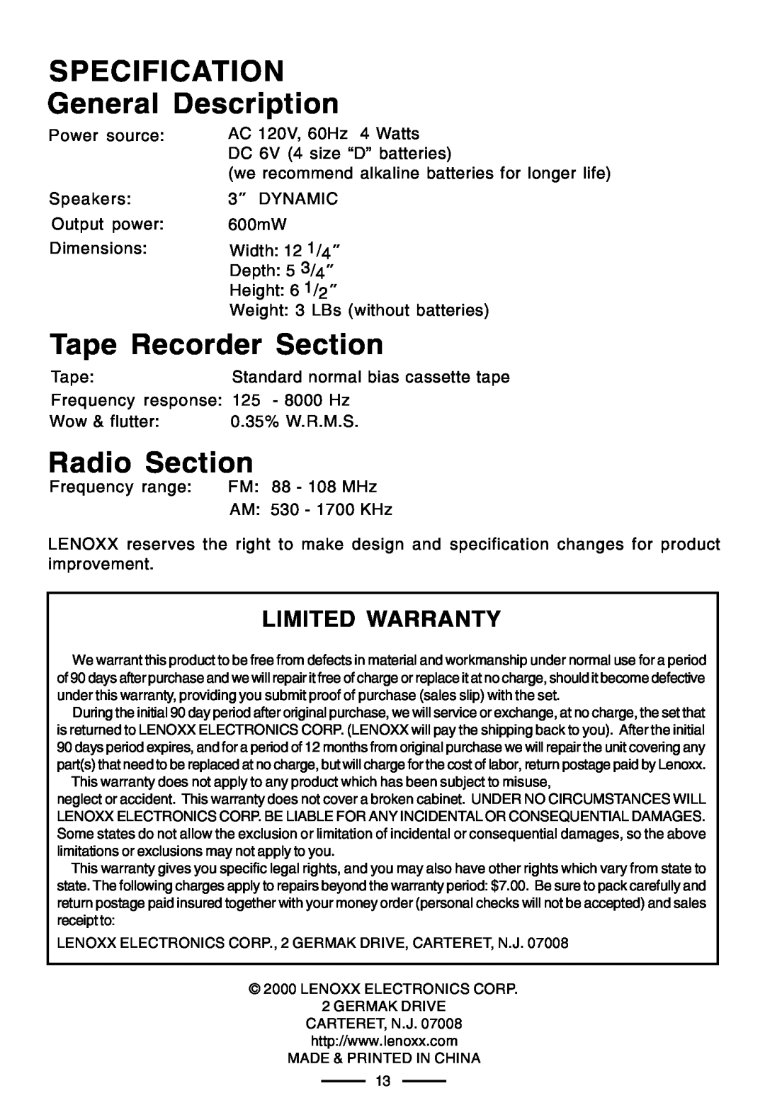 Lenoxx Electronics CT-99 SPECIFICATION General Description, Tape Recorder Section, Radio Section, Limited Warranty 