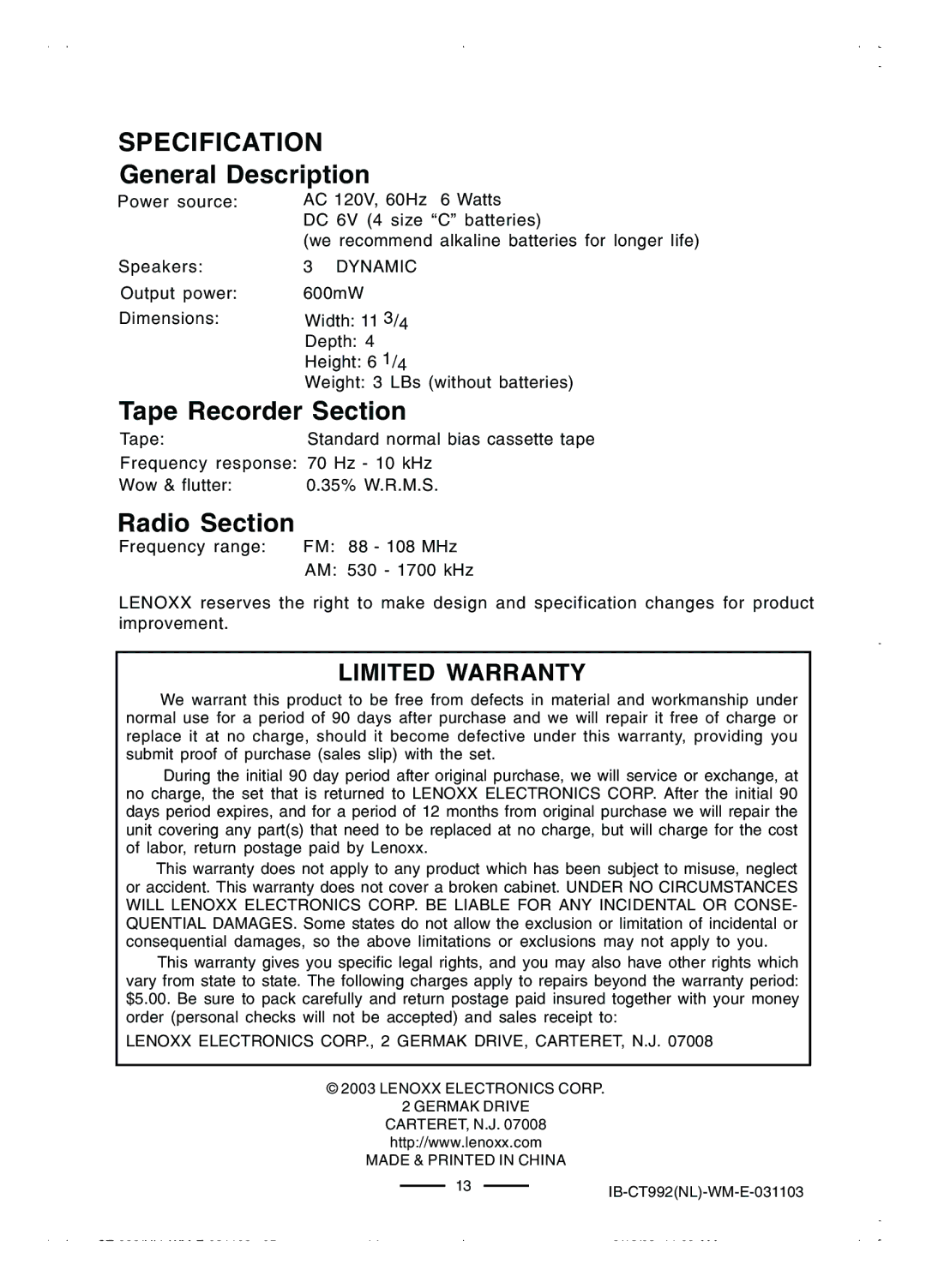 Lenoxx Electronics CT-992 manual Specification, General Description, Tape Recorder Section, Radio Section 