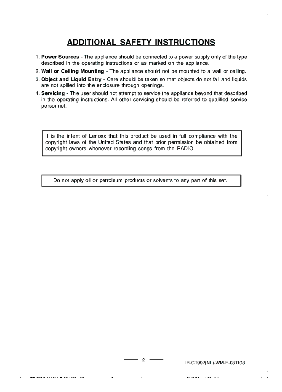 Lenoxx Electronics CT-992 manual Additional Safety Instructions 