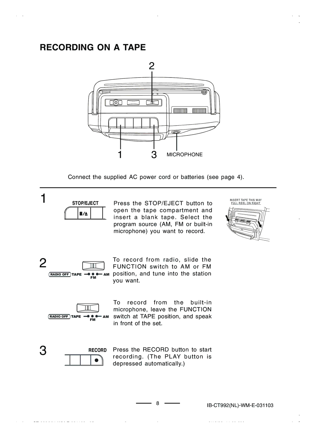 Lenoxx Electronics CT-992 manual Recording on a Tape 