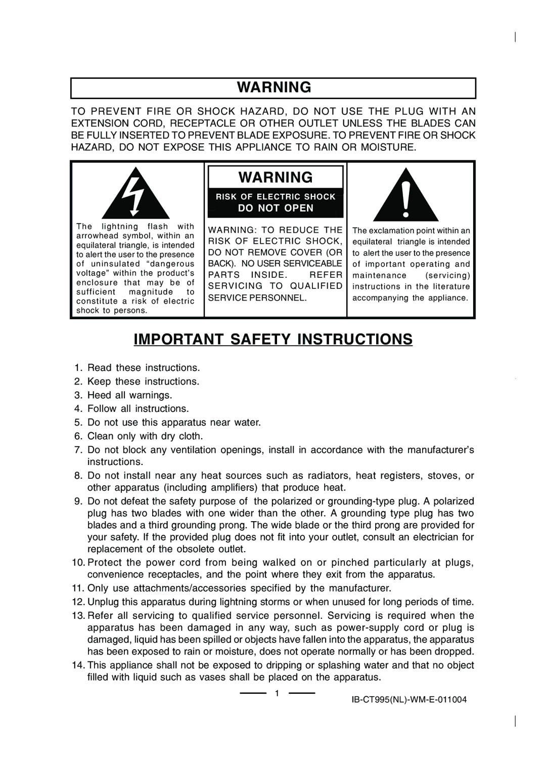 Lenoxx Electronics CT-995 operating instructions Important Safety Instructions, Do not Open 