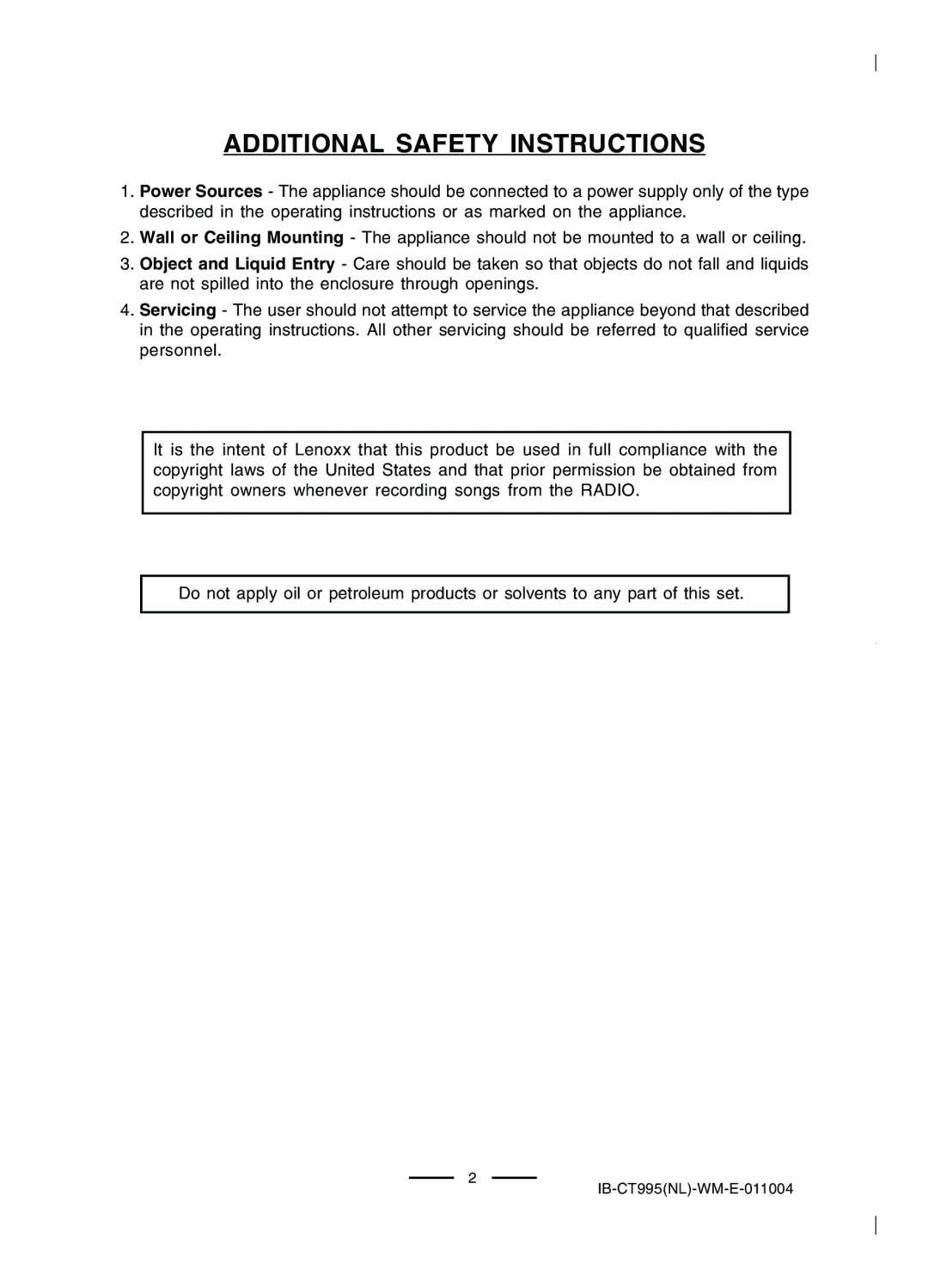 Lenoxx Electronics CT-995 operating instructions Additional Safety Instructions 