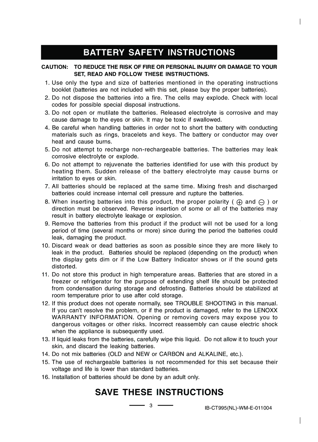 Lenoxx Electronics CT-995 operating instructions Battery Safety Instructions 