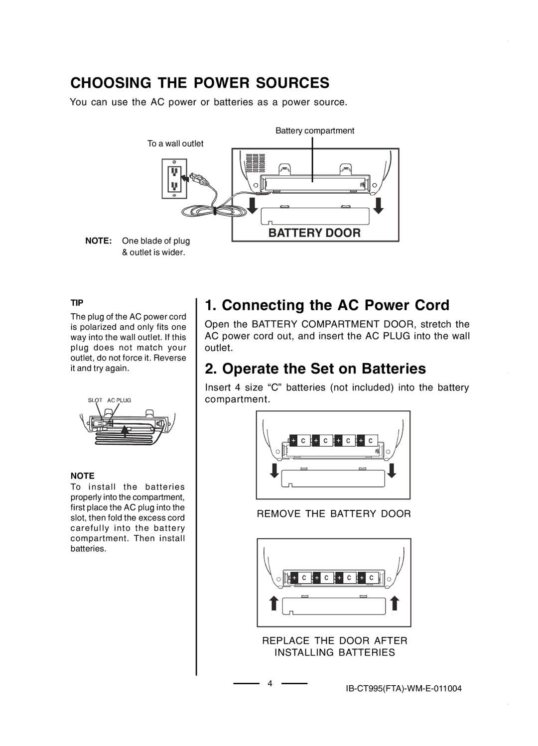 Lenoxx Electronics CT-995 Choosing the Power Sources, Connecting the AC Power Cord, Operate the Set on Batteries 