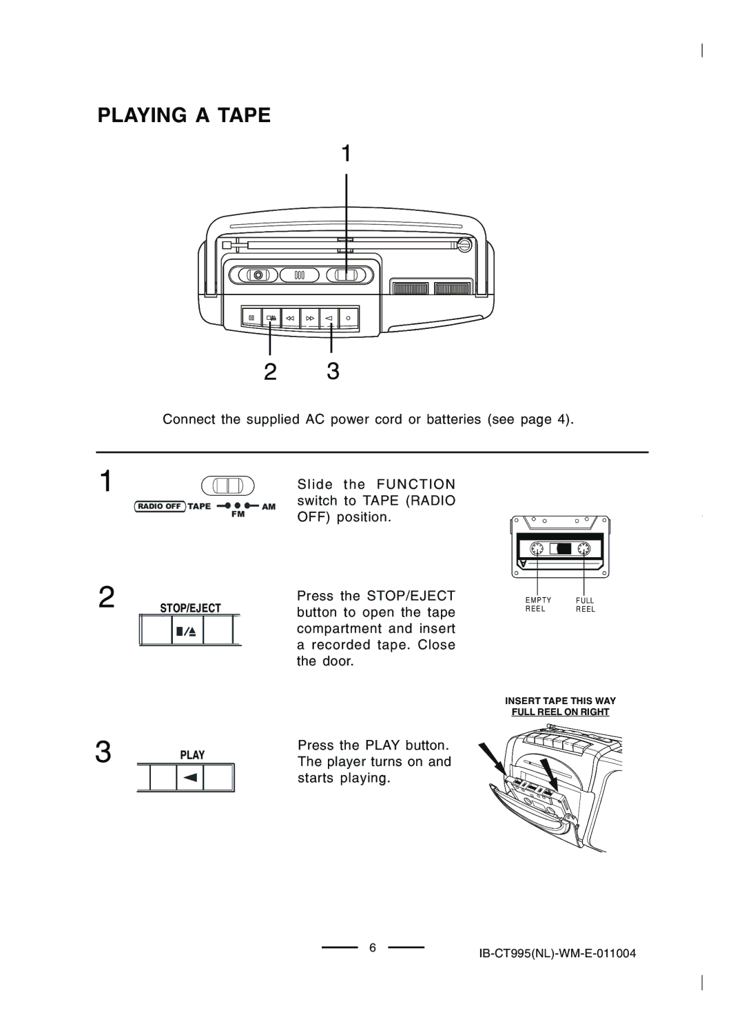 Lenoxx Electronics CT-995 operating instructions Playing a Tape, OFF position 