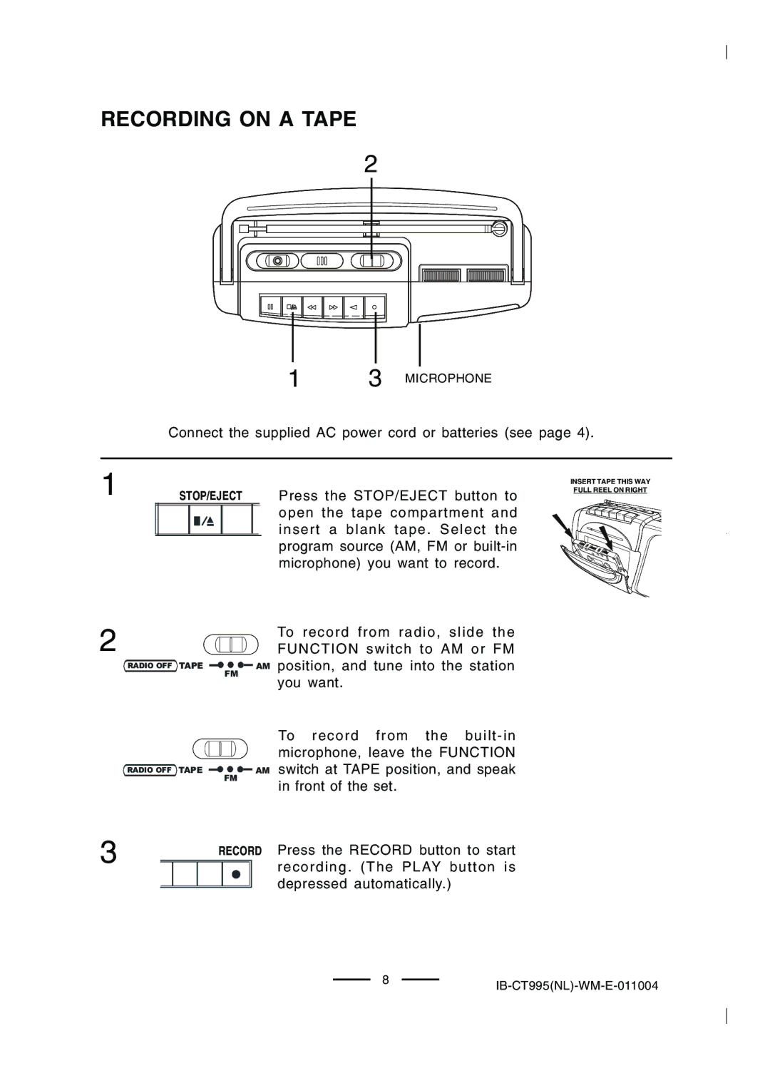 Lenoxx Electronics CT-995 operating instructions Recording on a Tape 