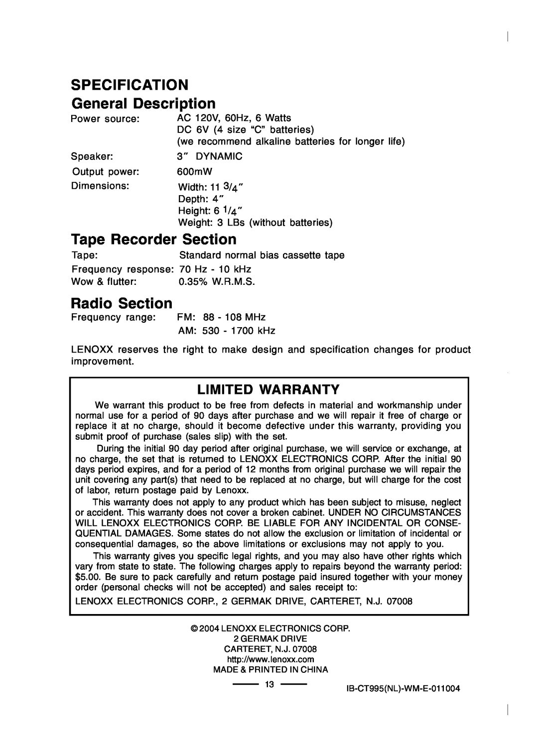 Lenoxx Electronics CT-995 SPECIFICATION General Description, Tape Recorder Section, Radio Section, Limited Warranty 