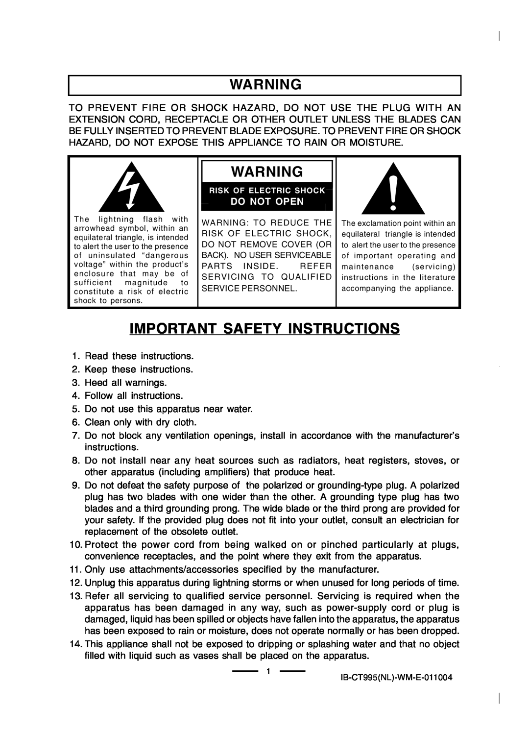 Lenoxx Electronics CT-995 operating instructions Important Safety Instructions, Do Not Open 