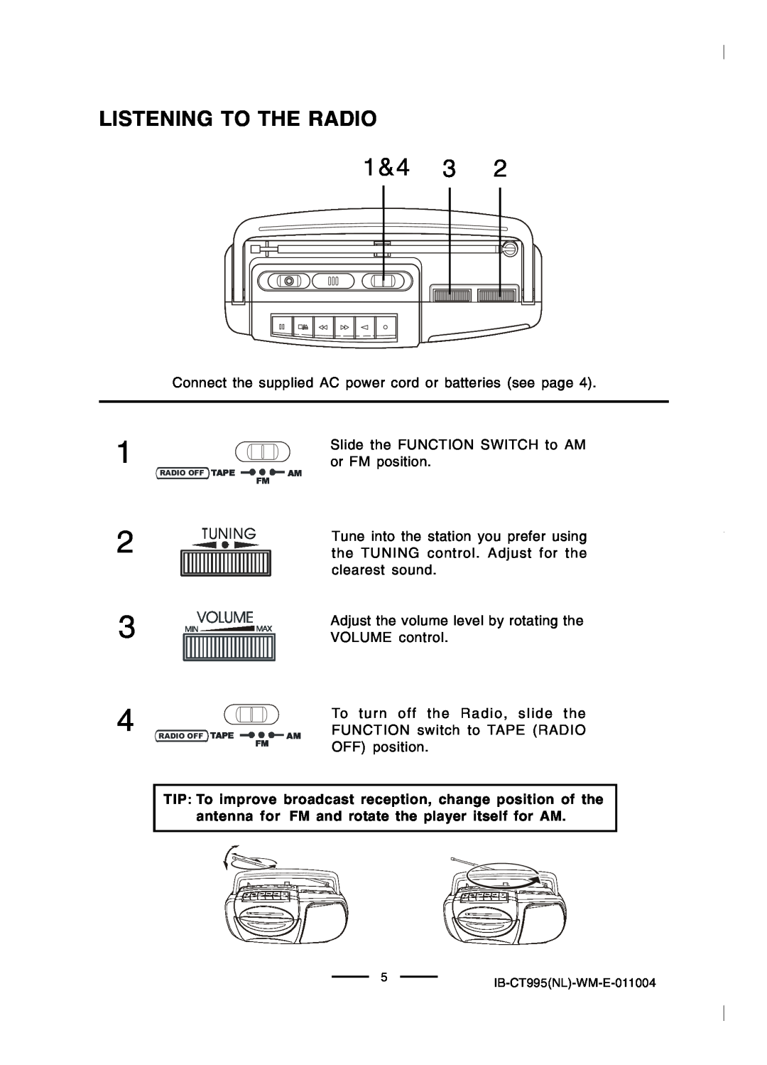 Lenoxx Electronics CT-995 operating instructions Listening To The Radio, Tuning 