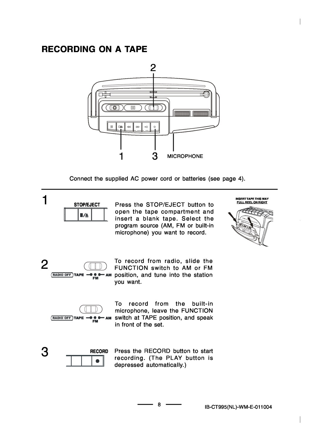 Lenoxx Electronics CT-995 operating instructions Recording On A Tape 