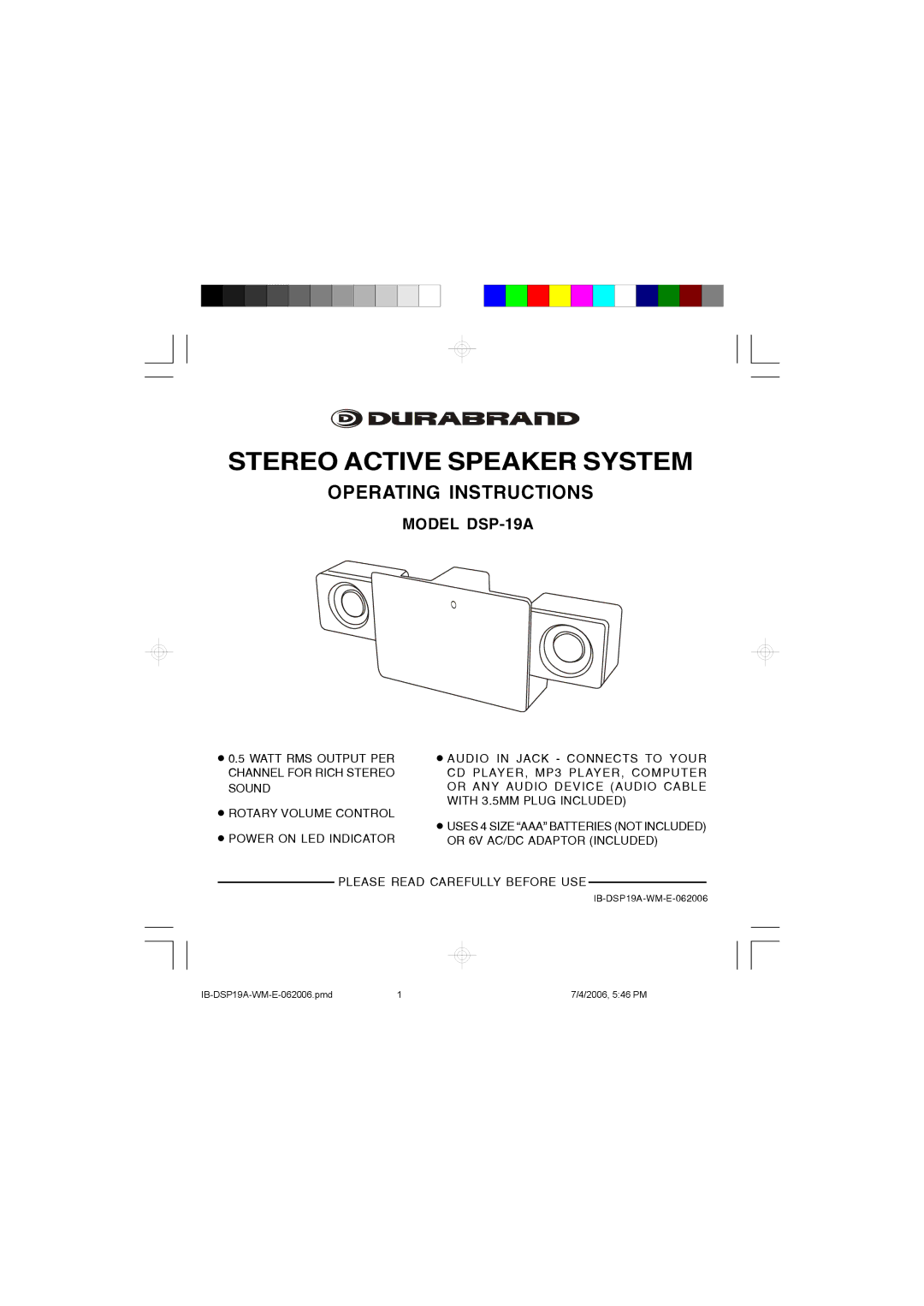 Lenoxx Electronics operating instructions Stereo Active Speaker System, Model DSP-19A 