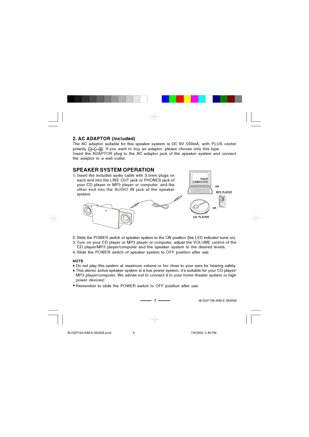 Lenoxx Electronics DSP-19A operating instructions Speaker System Operation, AC Adaptor included 