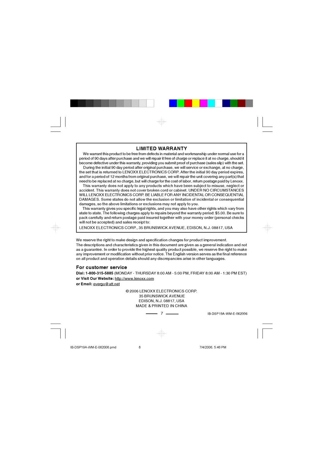 Lenoxx Electronics DSP-19A operating instructions Limited Warranty, For customer service 