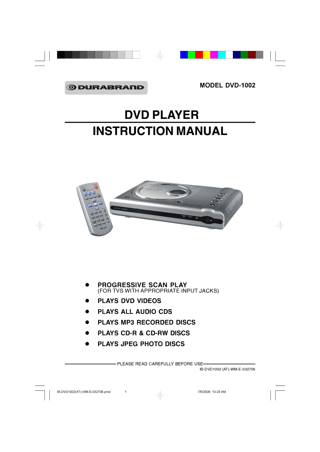 Lenoxx Electronics manual Model DVD-1002 Progressive Scan Play 