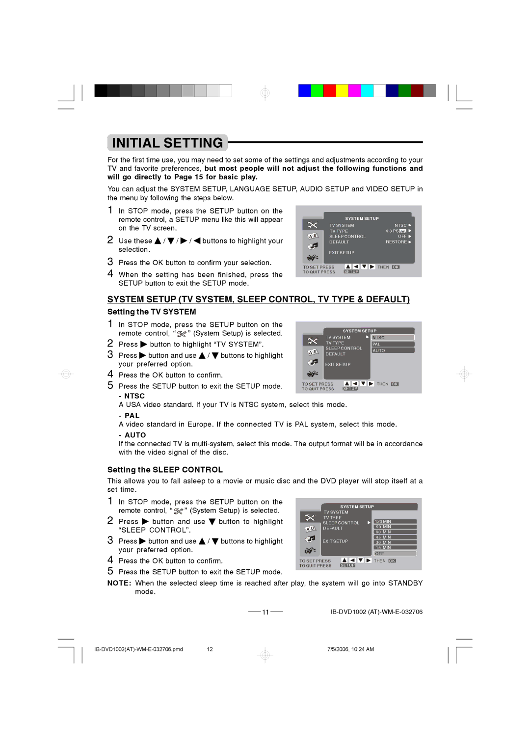 Lenoxx Electronics DVD-1002 manual Initial Setting, System Setup TV SYSTEM, Sleep CONTROL, TV Type & Default 