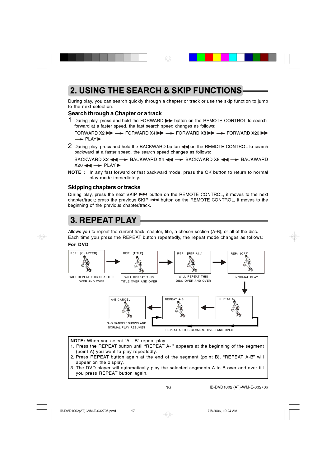 Lenoxx Electronics DVD-1002 Using the Search & Skip Functions, Repeat Play, Search through a Chapter or a track, For DVD 