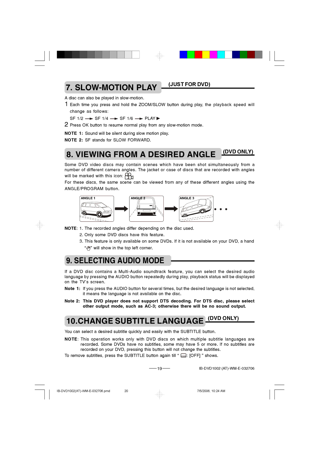 Lenoxx Electronics DVD-1002 SLOW-MOTION Play, Viewing from a Desired Angle DVD only, Selecting Audio Mode, Just for DVD 