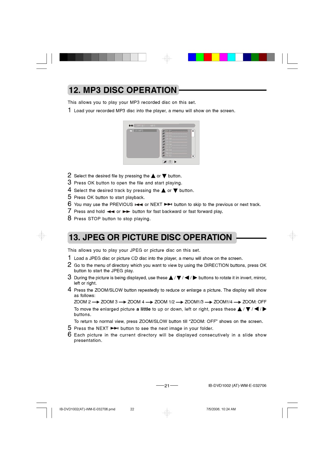 Lenoxx Electronics DVD-1002 manual 12. MP3 Disc Operation, Jpeg or Picture Disc Operation 