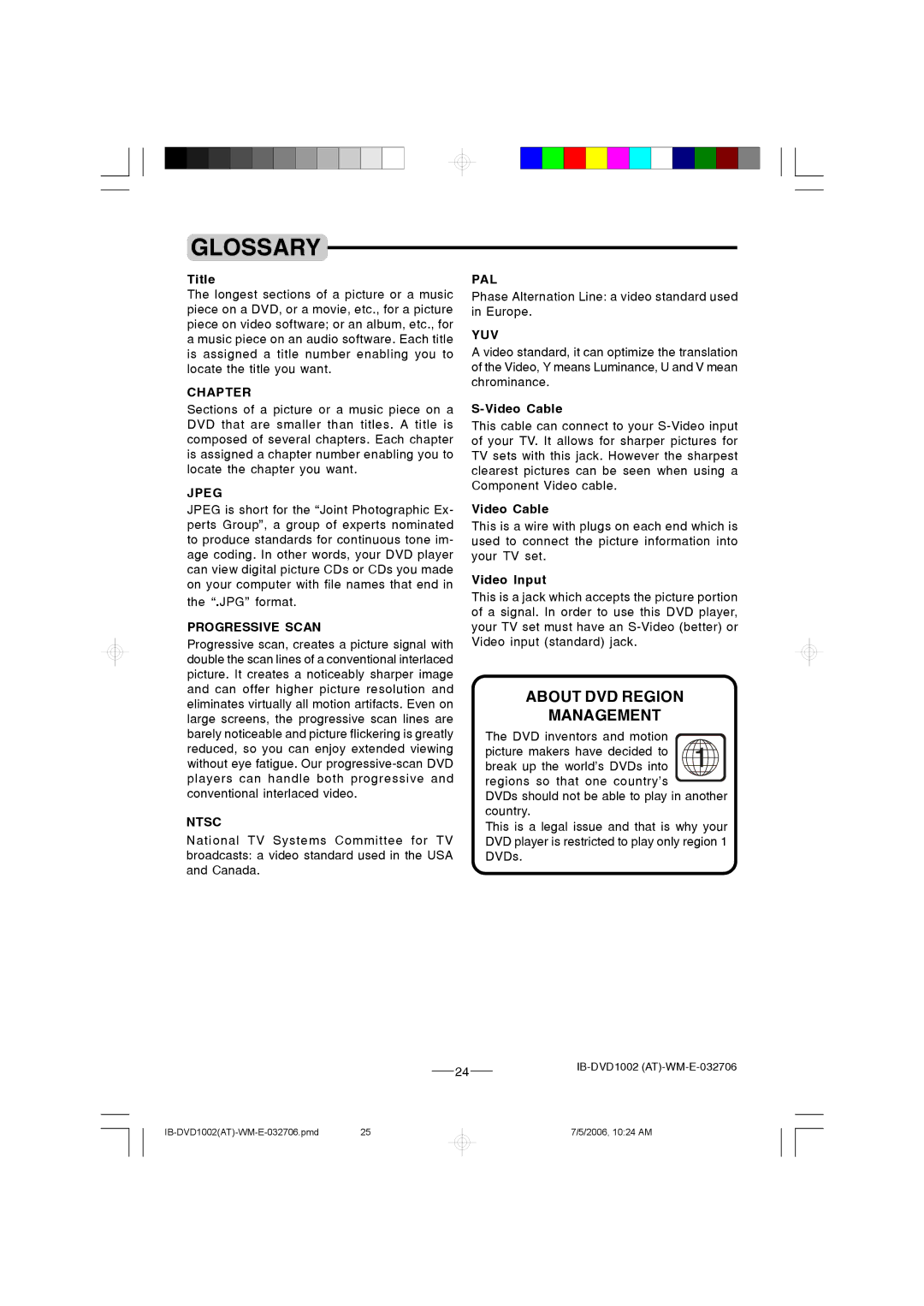 Lenoxx Electronics DVD-1002 manual Glossary, About DVD Region Management, Title, Video Cable, Video Input 