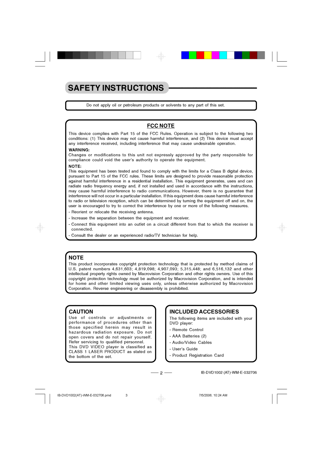 Lenoxx Electronics DVD-1002 manual FCC Note, Included Accessories 