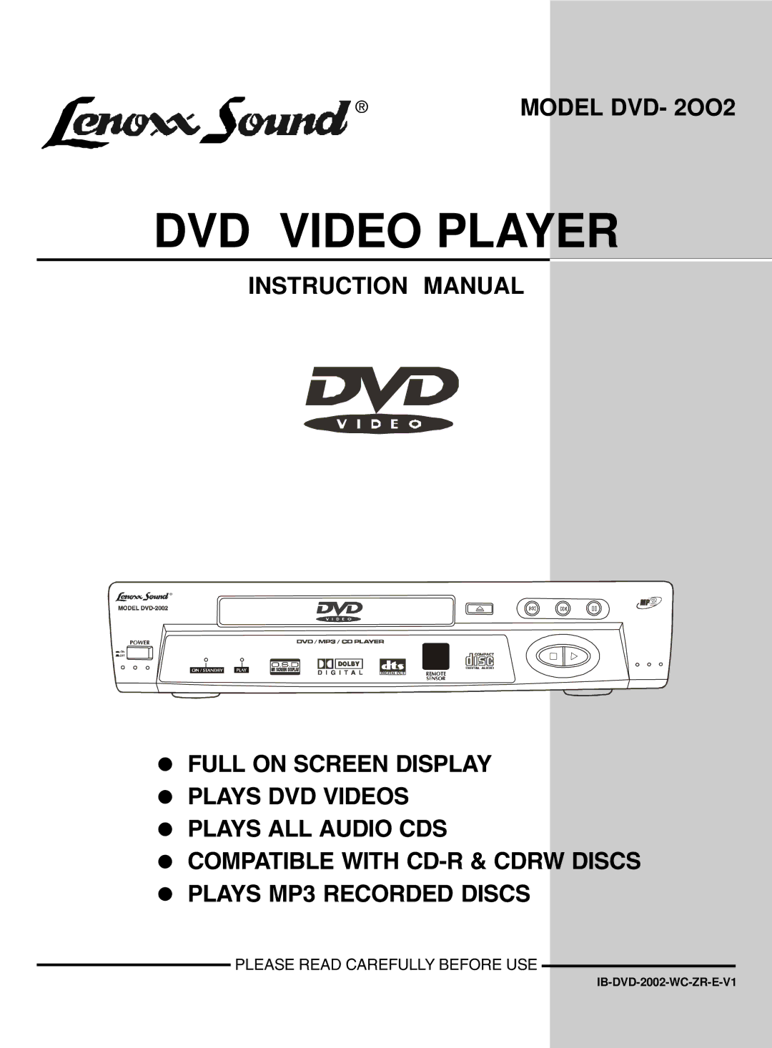 Lenoxx Electronics DVD-2002 instruction manual DVD Video Player 