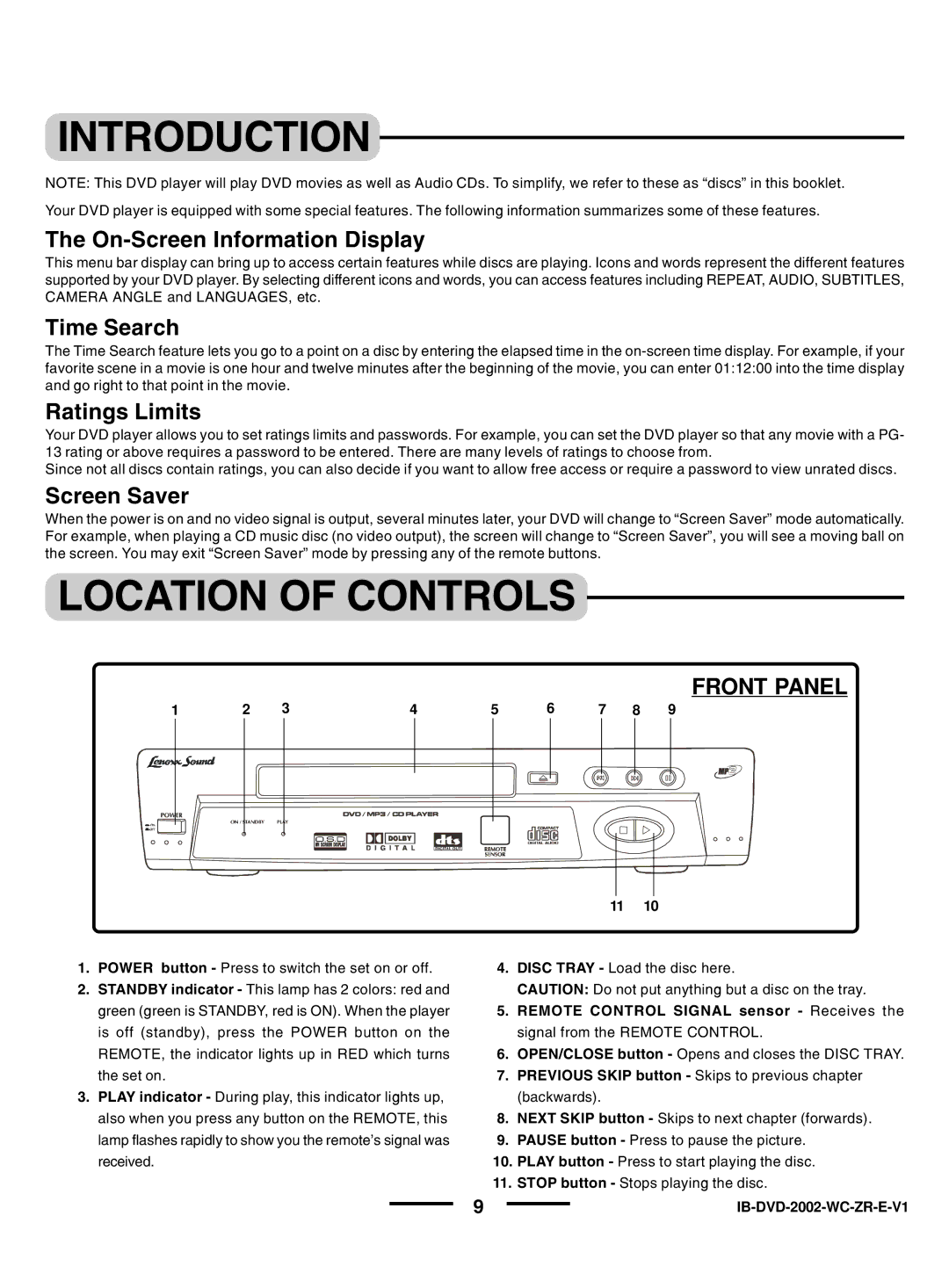 Lenoxx Electronics DVD-2002 instruction manual Introduction, Location of Controls 