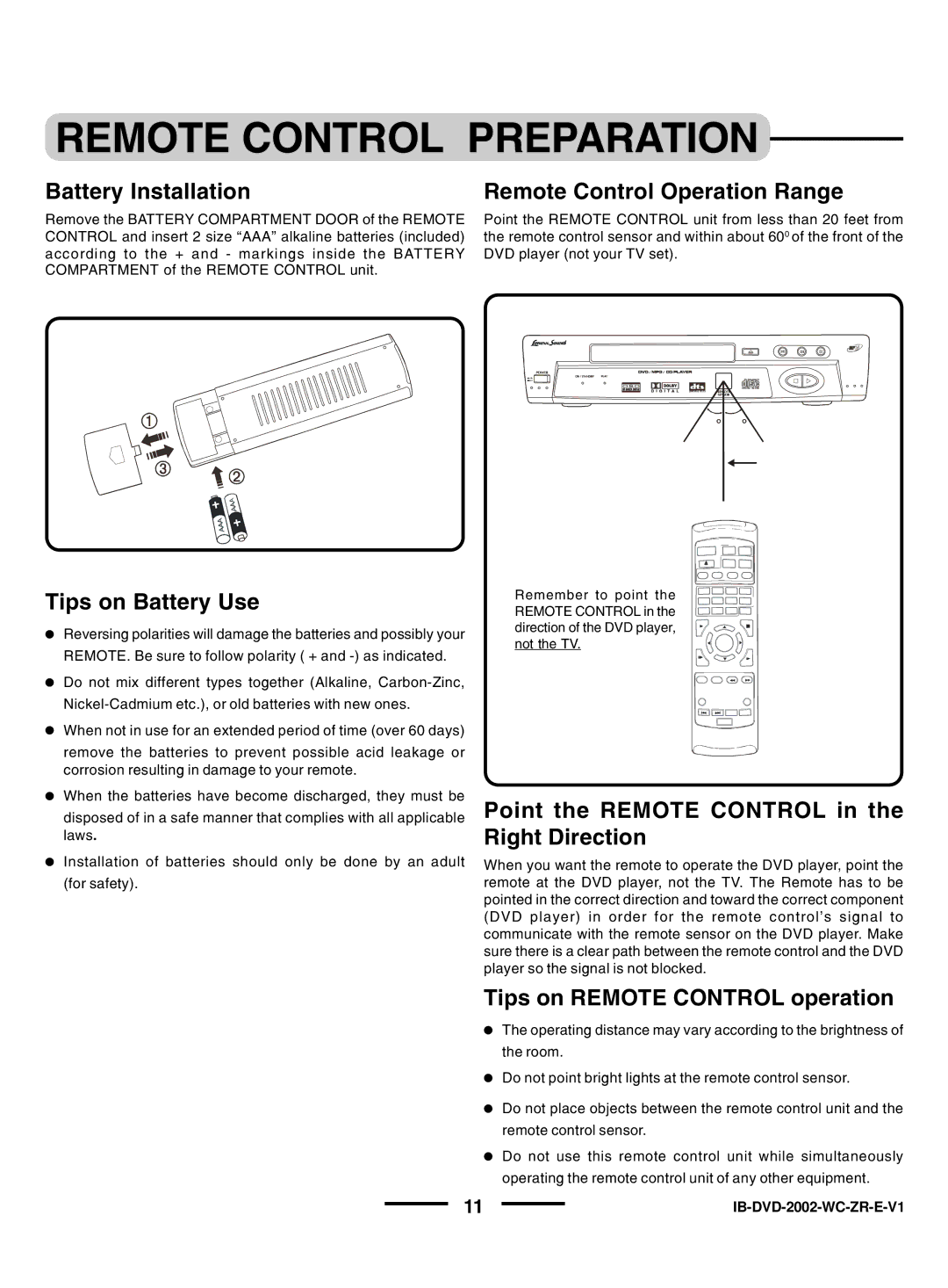 Lenoxx Electronics DVD-2002 instruction manual Remote Control Preparation 