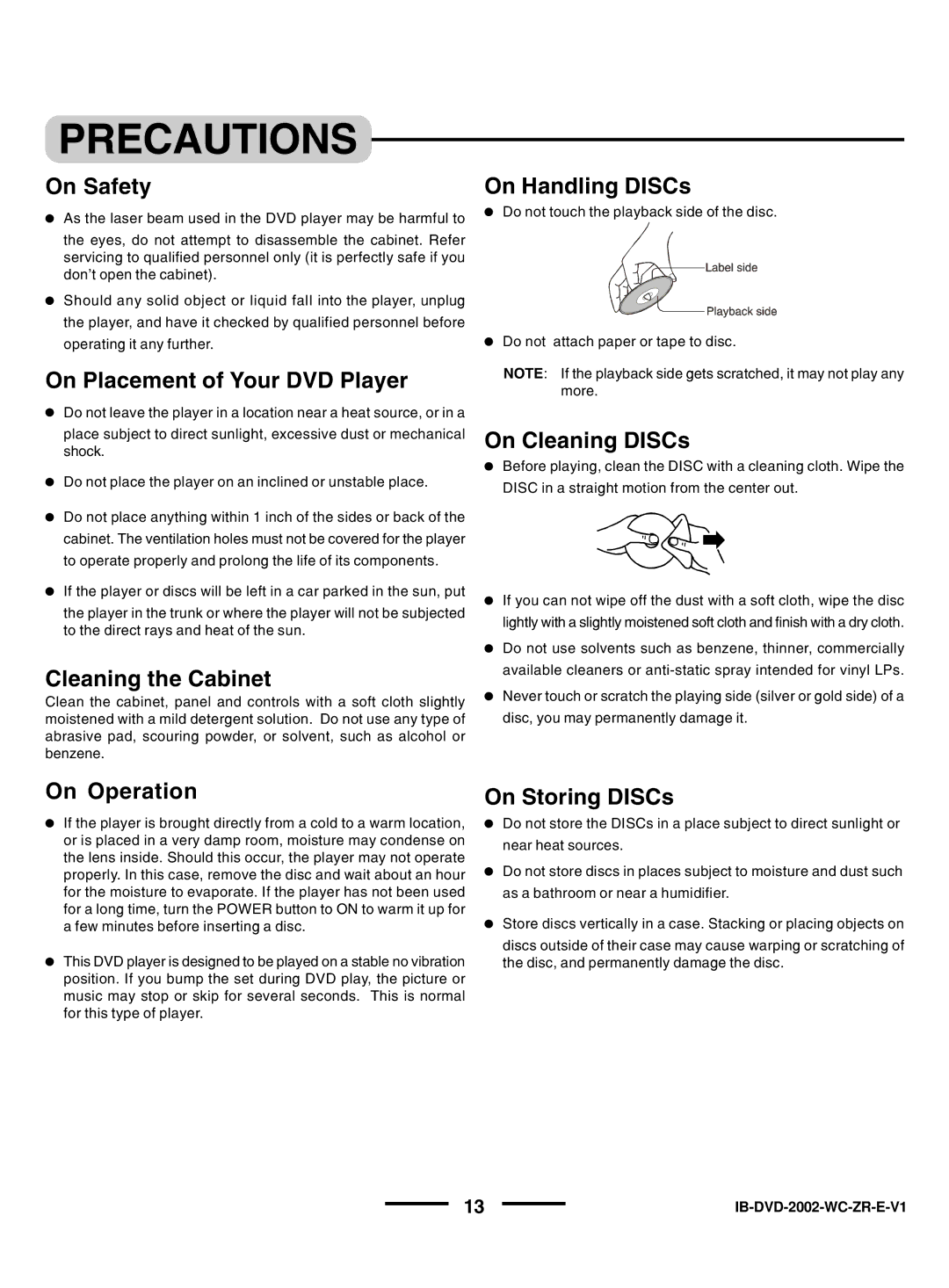 Lenoxx Electronics DVD-2002 instruction manual Precautions 