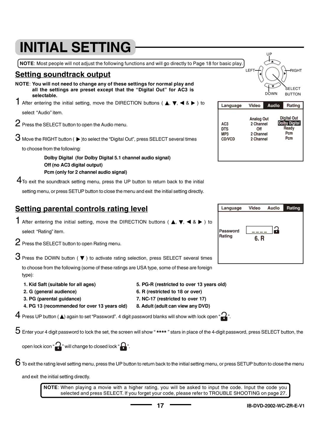 Lenoxx Electronics DVD-2002 instruction manual Setting soundtrack output, Setting parental controls rating level 