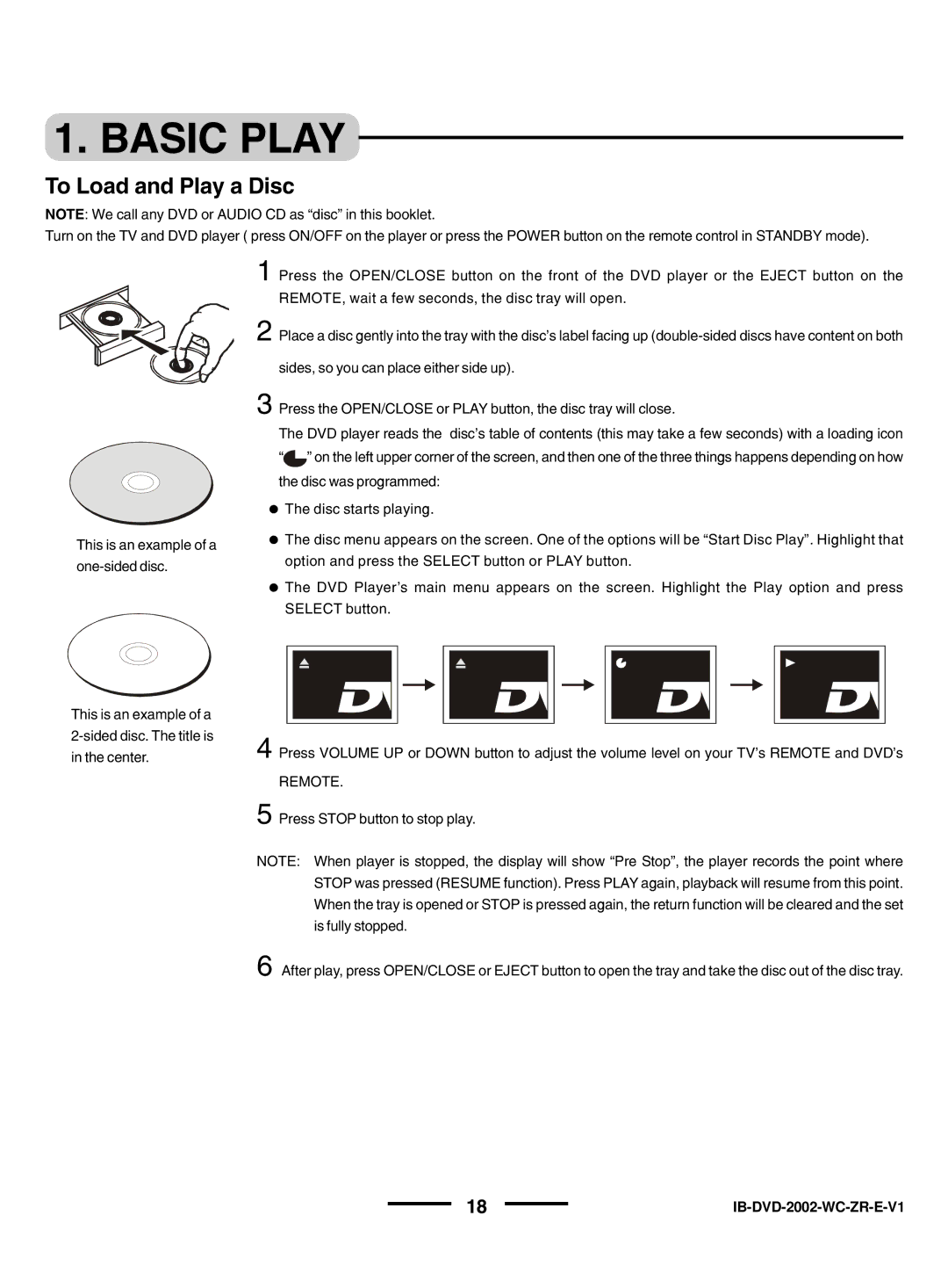 Lenoxx Electronics DVD-2002 instruction manual Basic Play, To Load and Play a Disc 