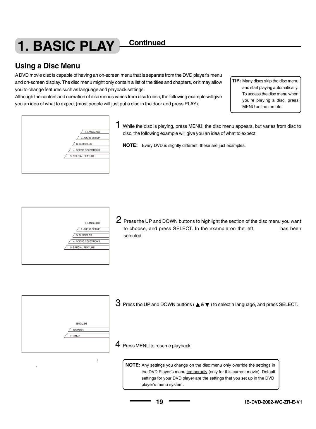 Lenoxx Electronics DVD-2002 instruction manual Basic Play, Using a Disc Menu 