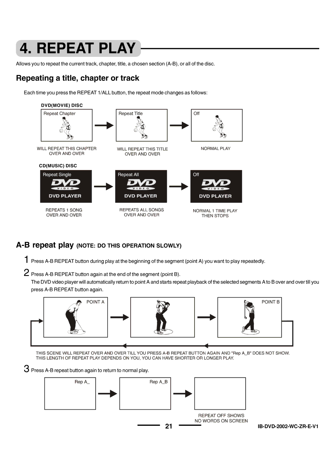 Lenoxx Electronics DVD-2002 instruction manual Repeat Play, Repeating a title, chapter or track 