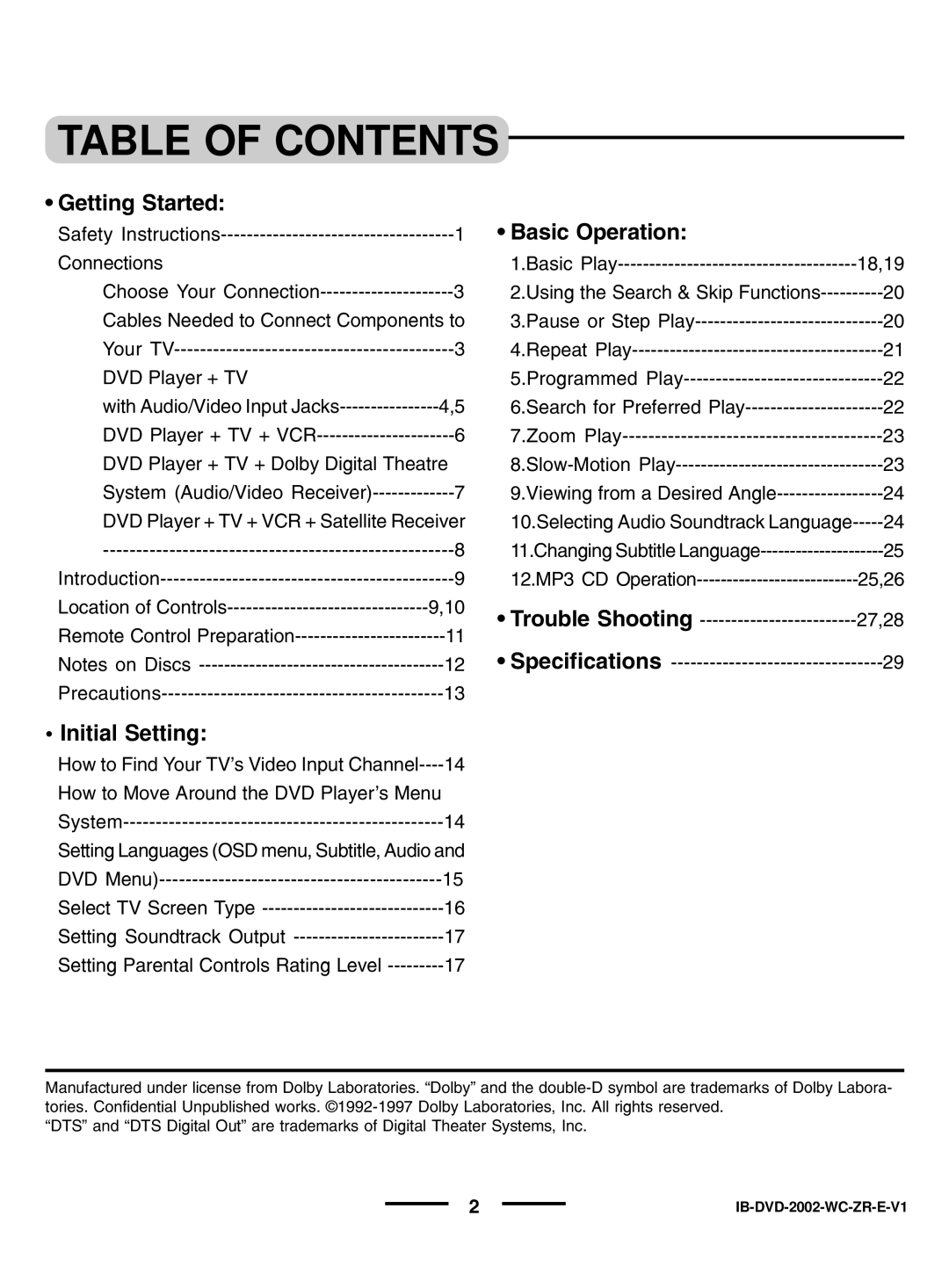 Lenoxx Electronics DVD-2002 instruction manual Table of Contents 