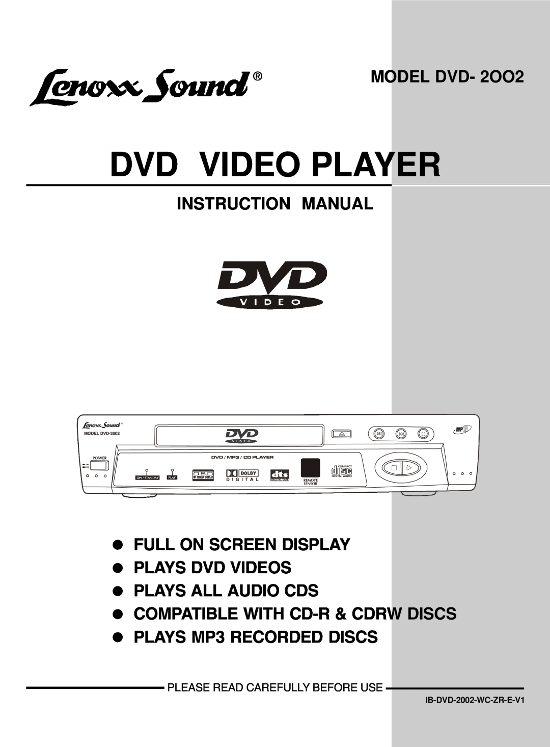 Lenoxx Electronics DVD-2002 instruction manual Dvd Video Player, MODEL DVD- 2OO2, Instruction Manual 