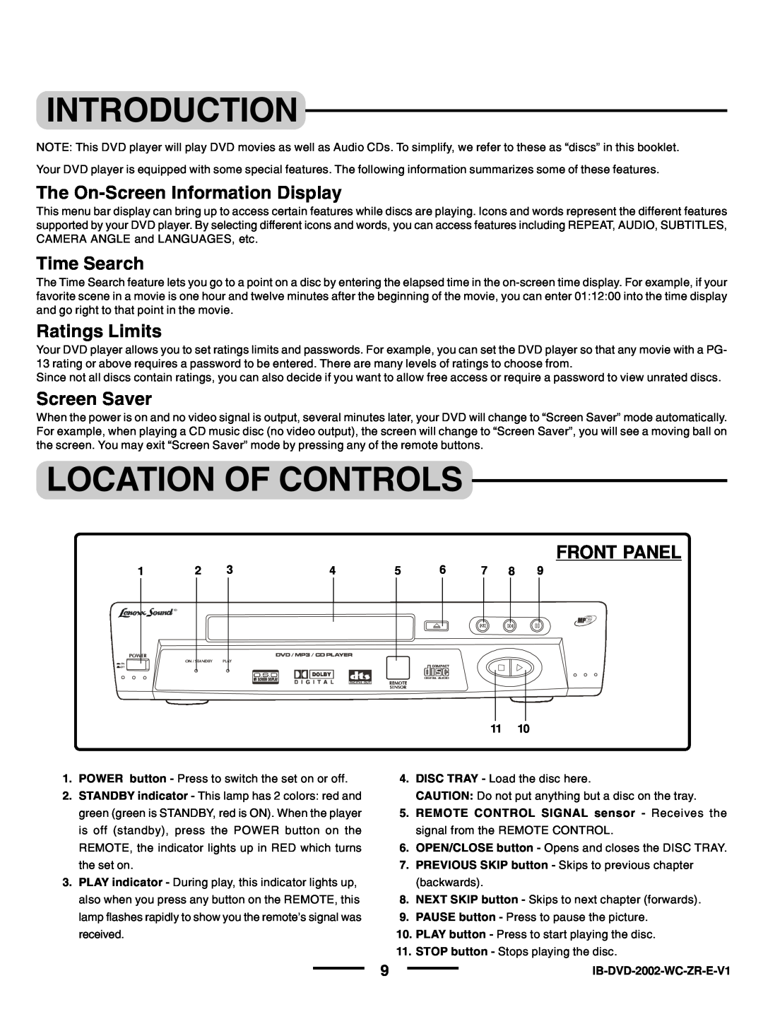 Lenoxx Electronics DVD-2002 Introduction, Location Of Controls, The On-Screen Information Display, Time Search 