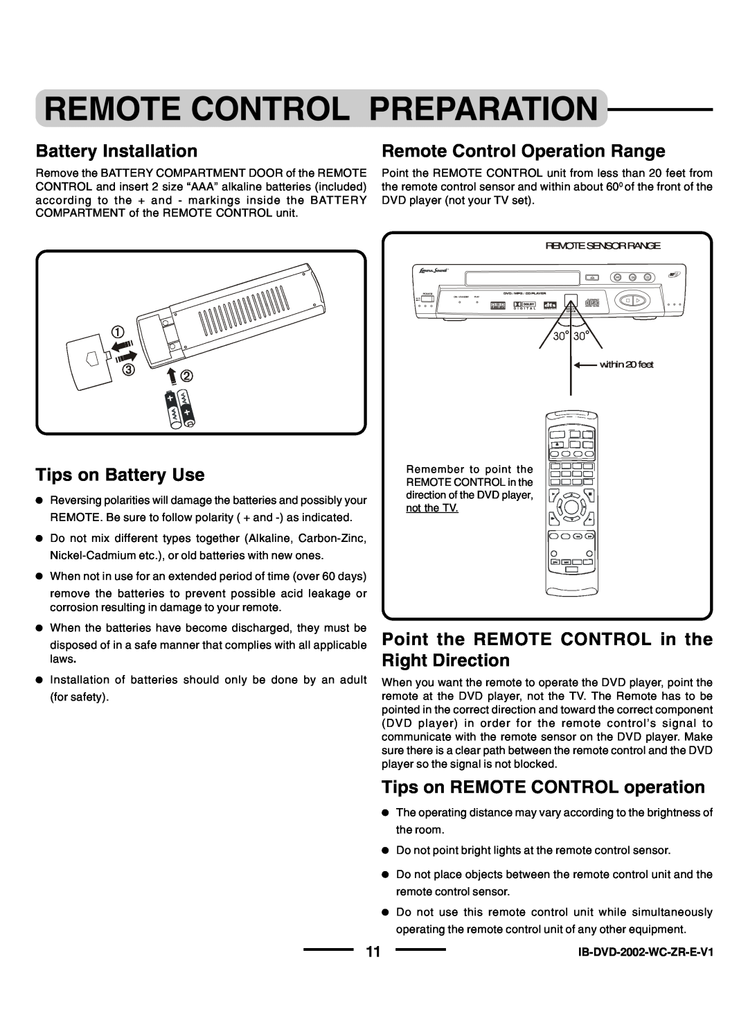 Lenoxx Electronics DVD-2002 Remote Control Preparation, Battery Installation, Remote Control Operation Range 