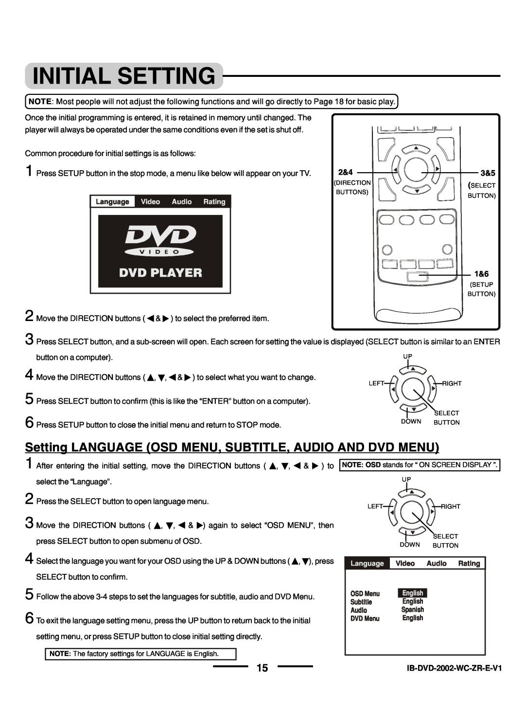 Lenoxx Electronics DVD-2002 instruction manual Setting LANGUAGE OSD MENU, SUBTITLE, AUDIO AND DVD MENU, Initial Setting 