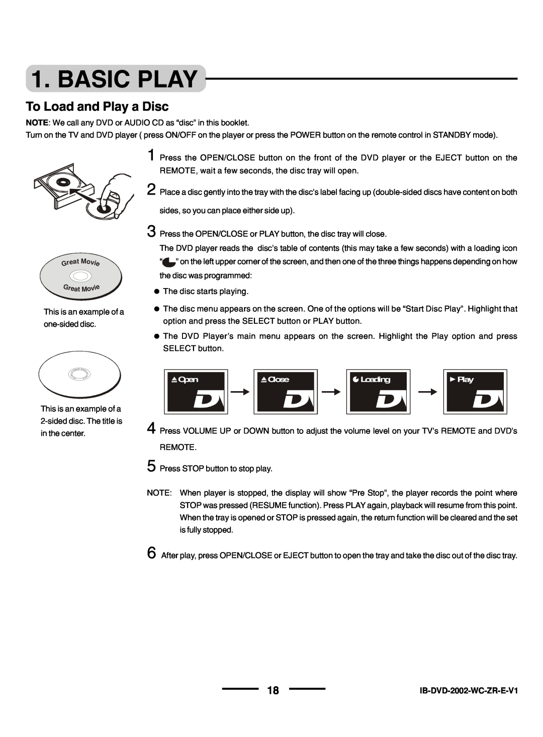 Lenoxx Electronics DVD-2002 instruction manual Basic Play, To Load and Play a Disc 