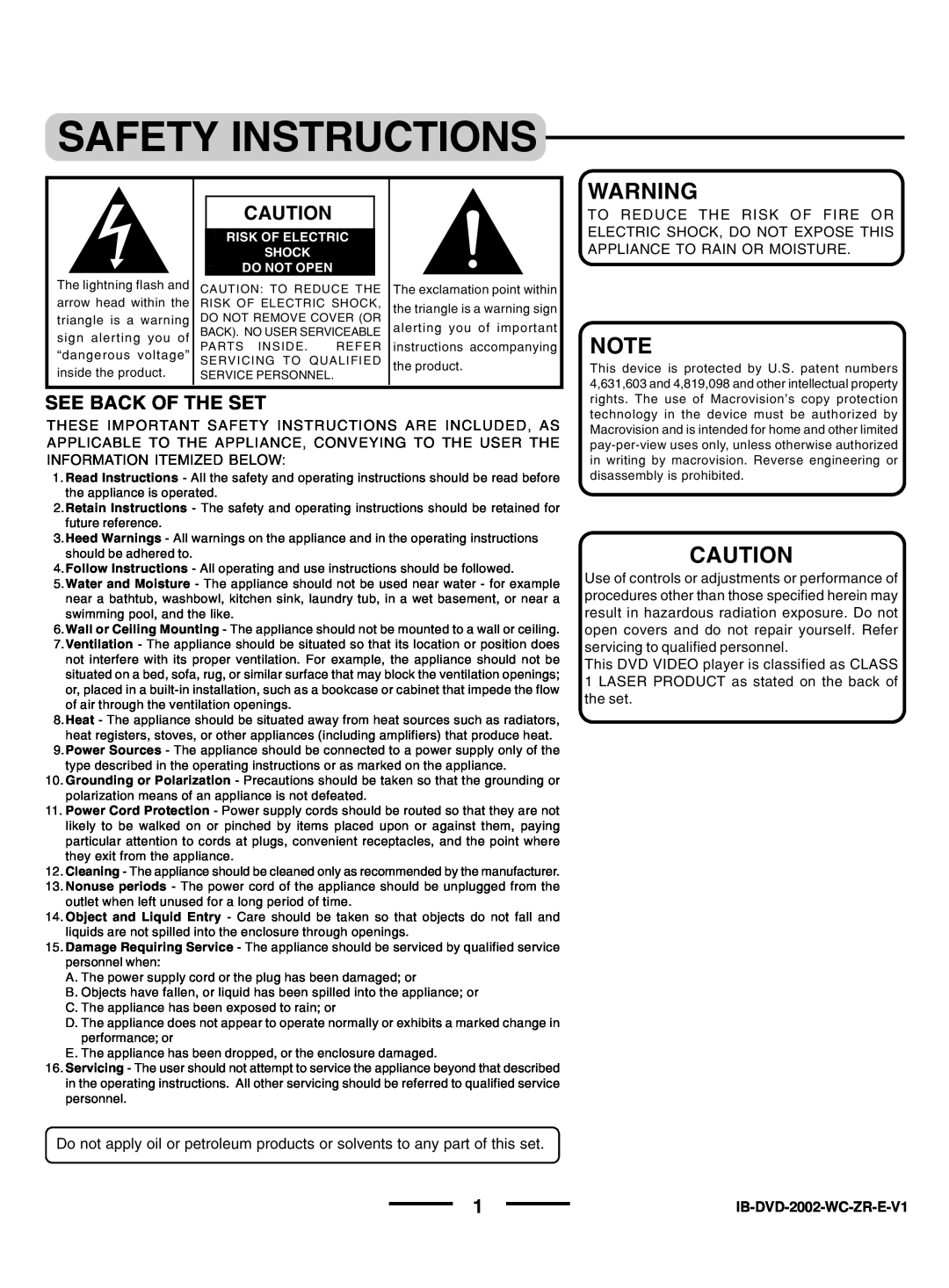 Lenoxx Electronics DVD-2002 instruction manual Safety Instructions, See Back Of The Set 