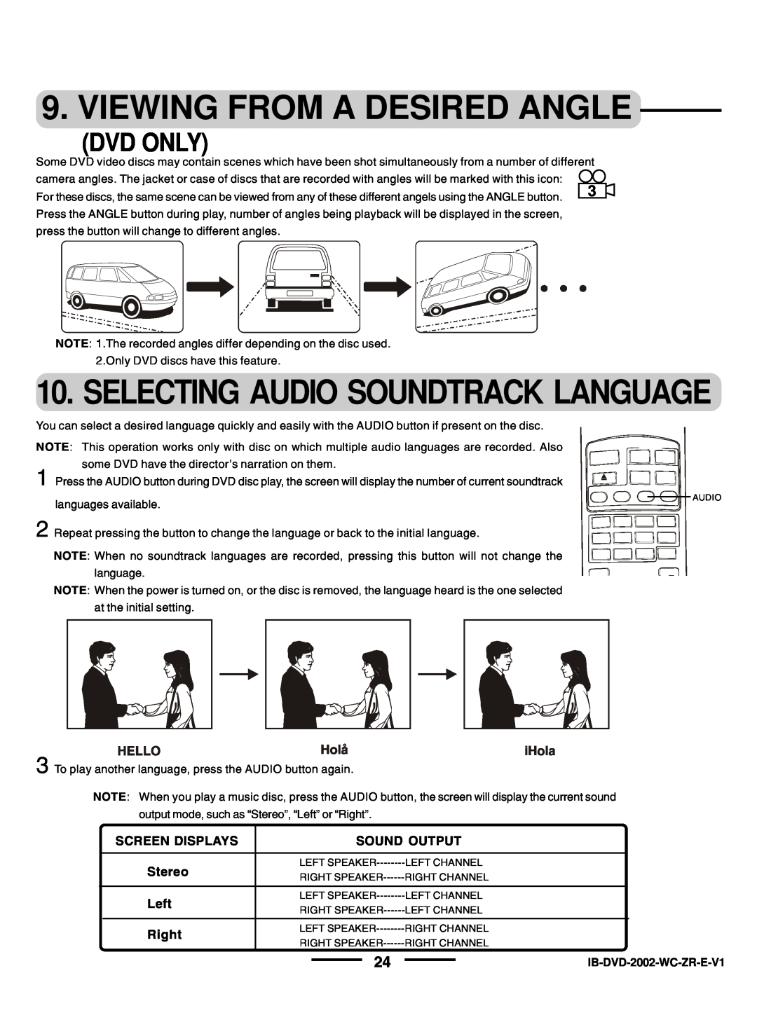 Lenoxx Electronics DVD-2002 instruction manual Viewing From A Desired Angle, Dvd Only, Selecting Audio Soundtrack Language 