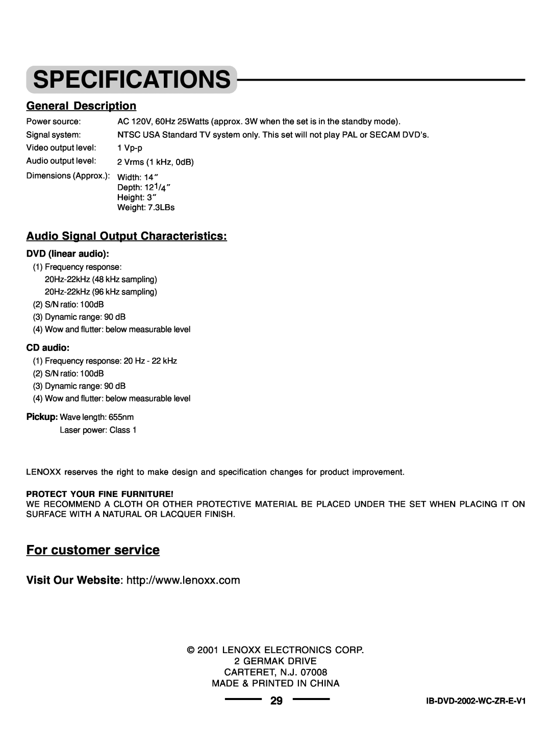 Lenoxx Electronics DVD-2002 instruction manual Specifications, For customer service, DVD linear audio, CD audio 