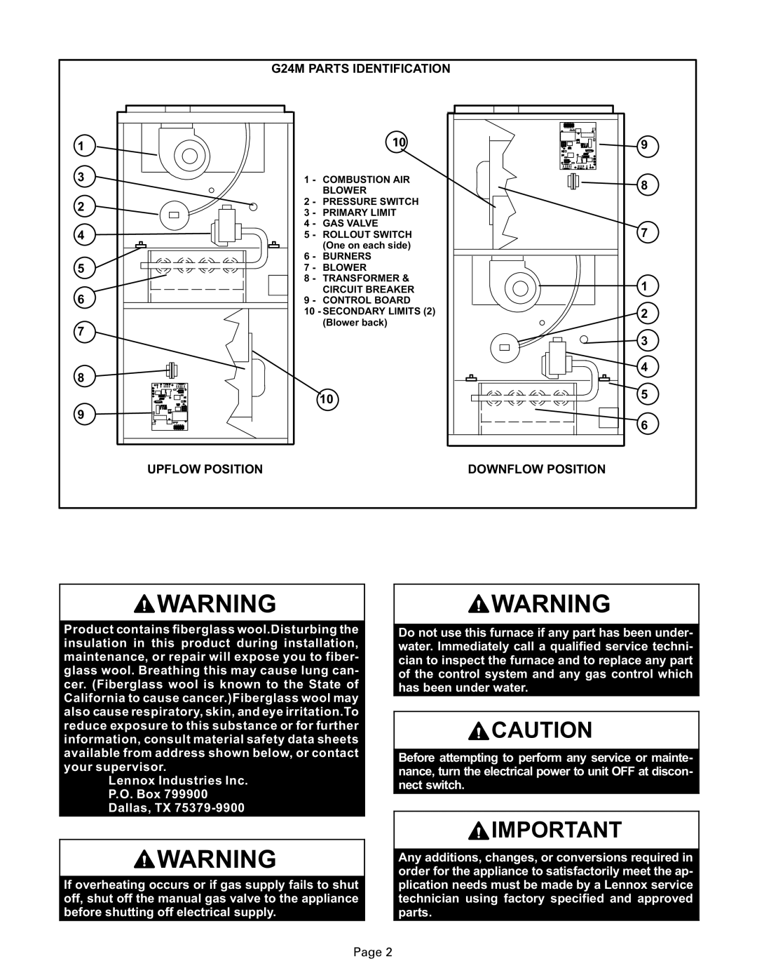 Lenoxx Electronics G24M Series manual G24M Parts Identification, Upflow Position Downflow Position 