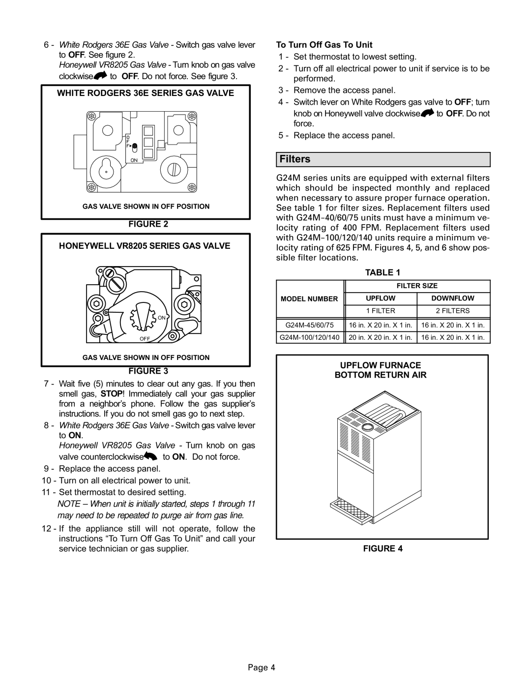 Lenoxx Electronics G24M Series manual Filters, White Rodgers 36E Series GAS Valve, Honeywell VR8205 Series GAS Valve 