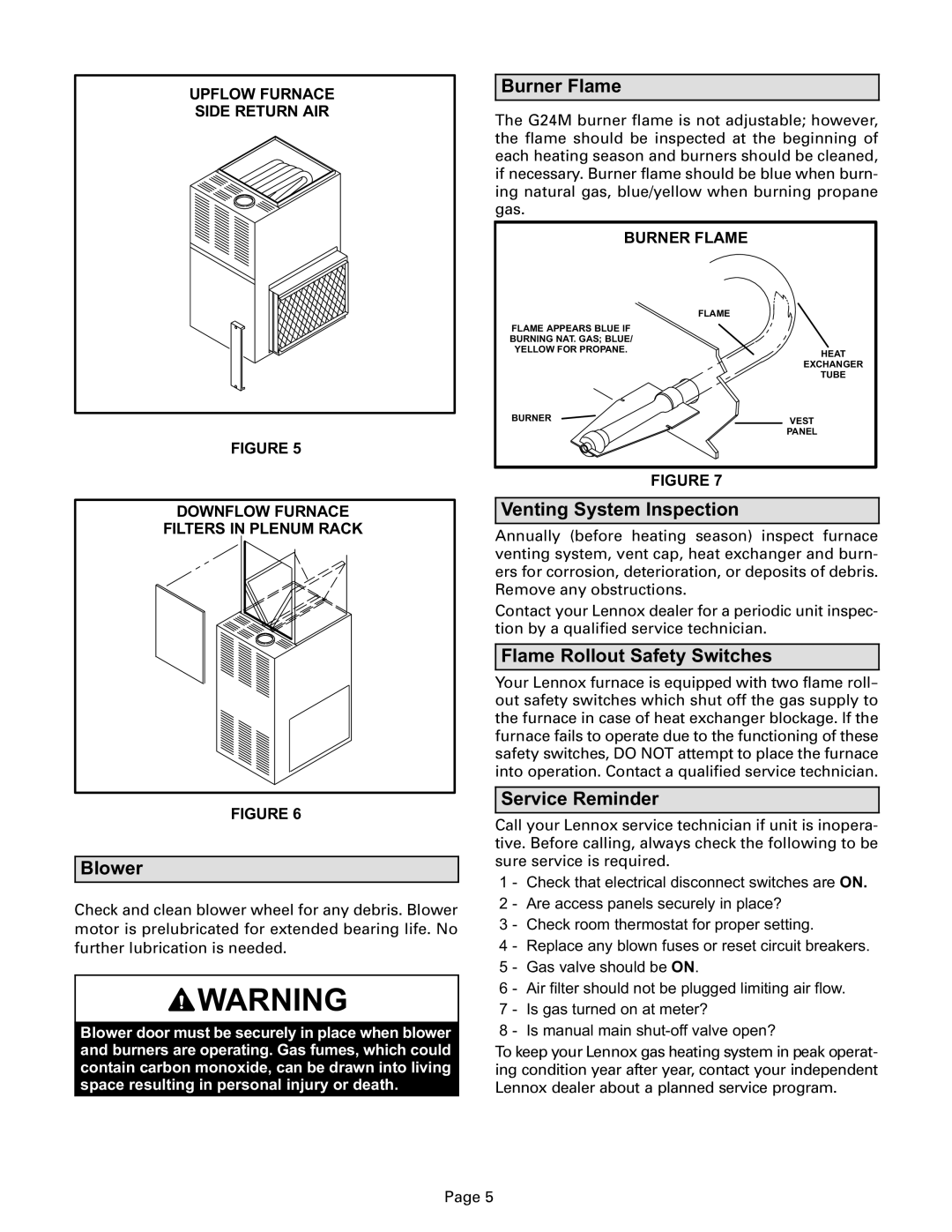 Lenoxx Electronics G24M Series manual Burner Flame, Blower, Venting System Inspection, Flame Rollout Safety Switches 