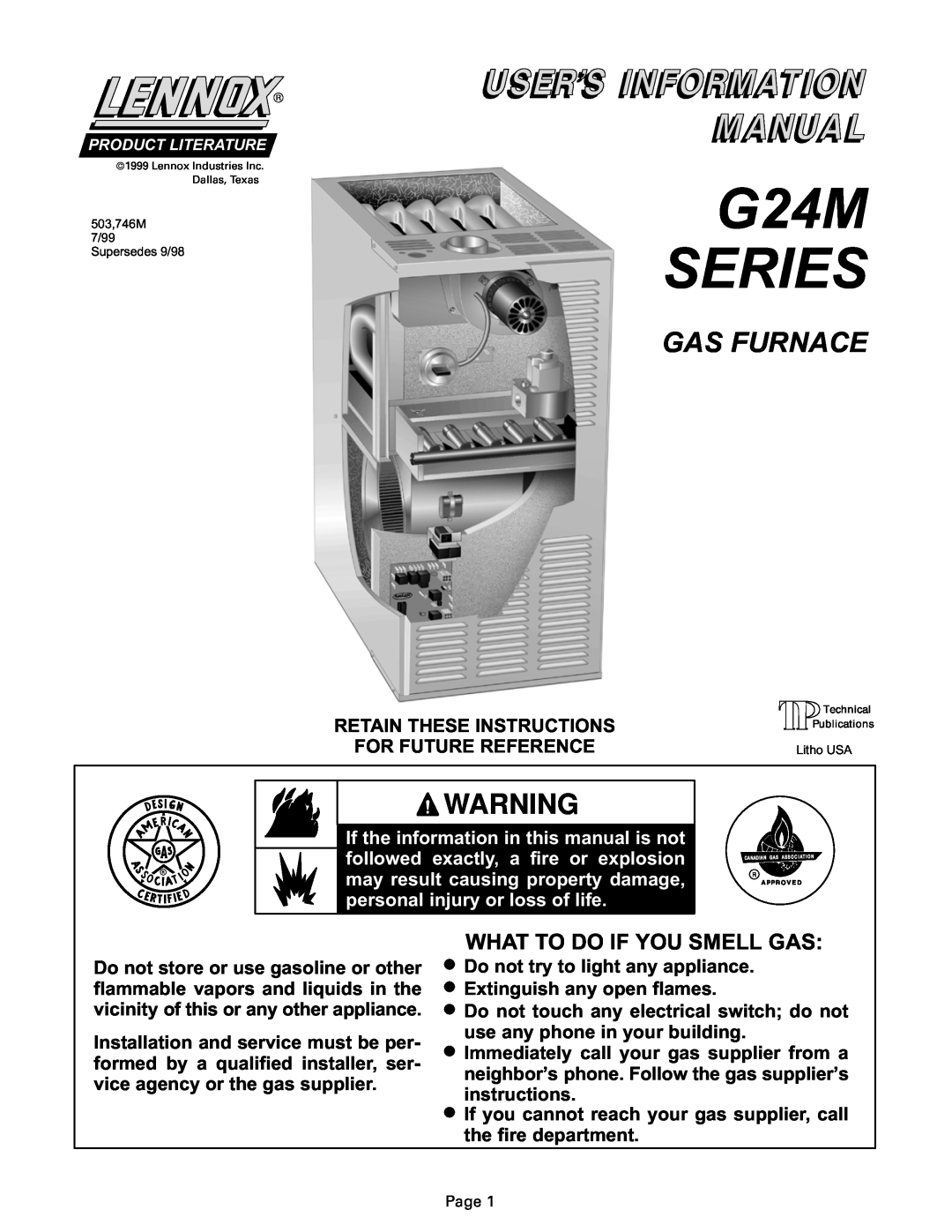 Lenoxx Electronics G24M Series manual G24M SERIES, Gas Furnace, What To Do If You Smell Gas 