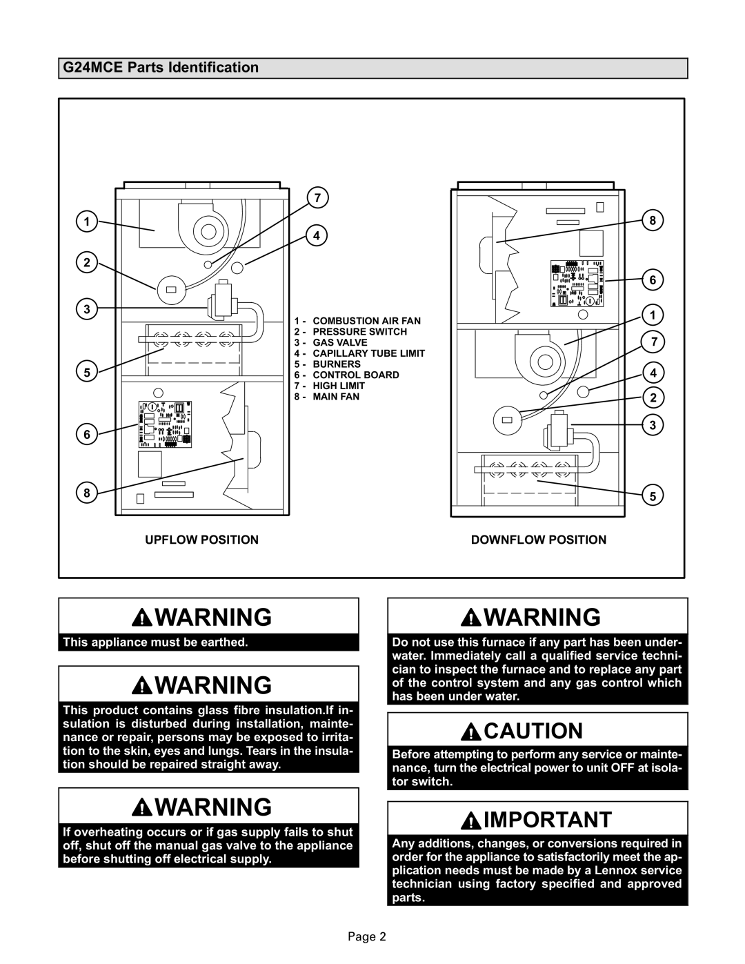 Lenoxx Electronics manual G24MCE Parts Identification, Upflow Position Downflow Position 