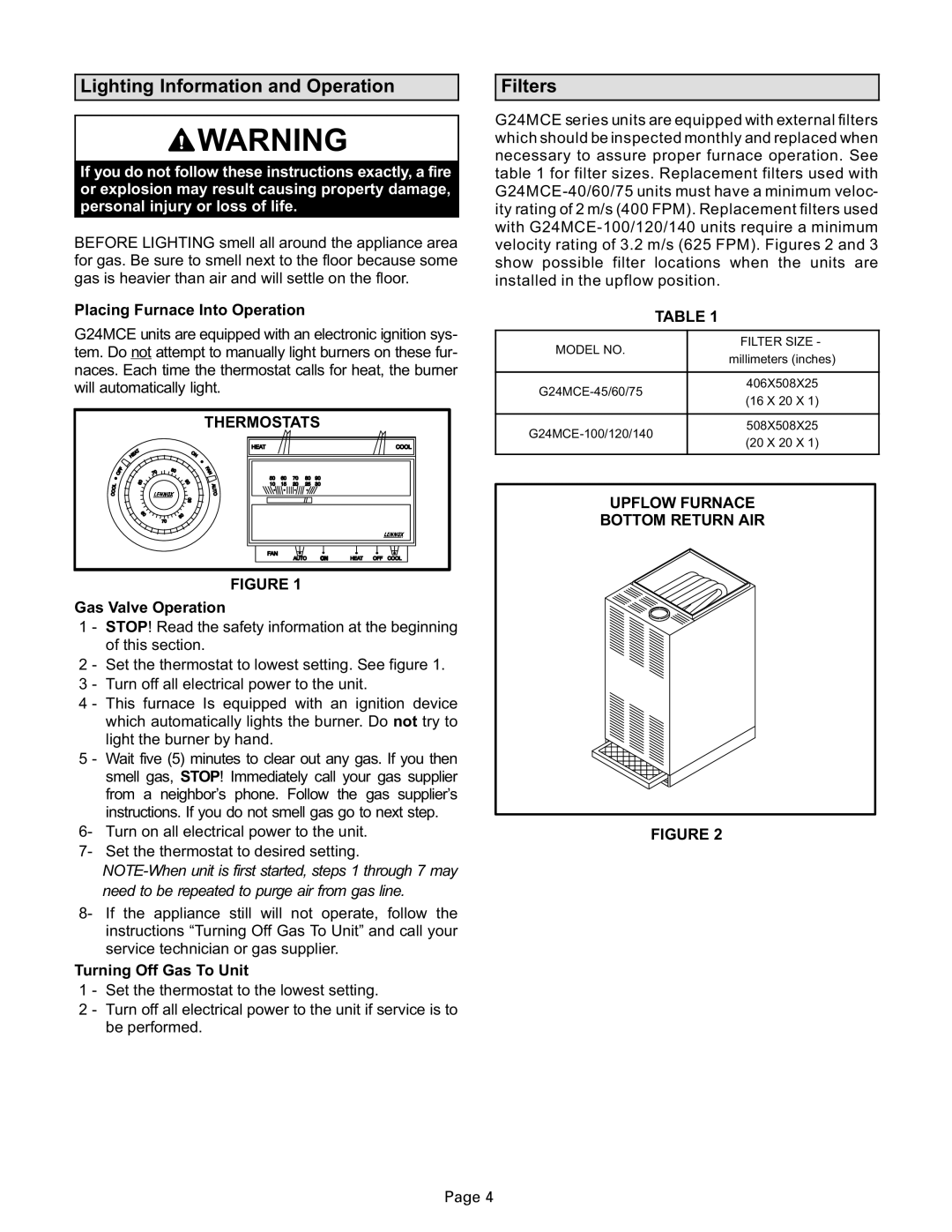 Lenoxx Electronics G24MCE manual Lighting Information and Operation, Filters, Upflow Furnace Bottom Return AIR 