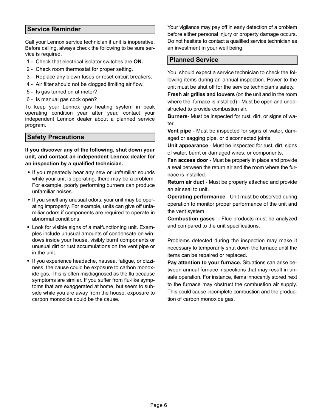 Lenoxx Electronics G24MCE manual Service Reminder, Safety Precautions, Planned Service 