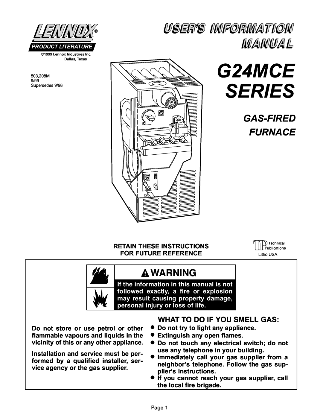 Lenoxx Electronics manual G24MCE SERIES, Gas-Fired Furnace, What To Do If You Smell Gas 