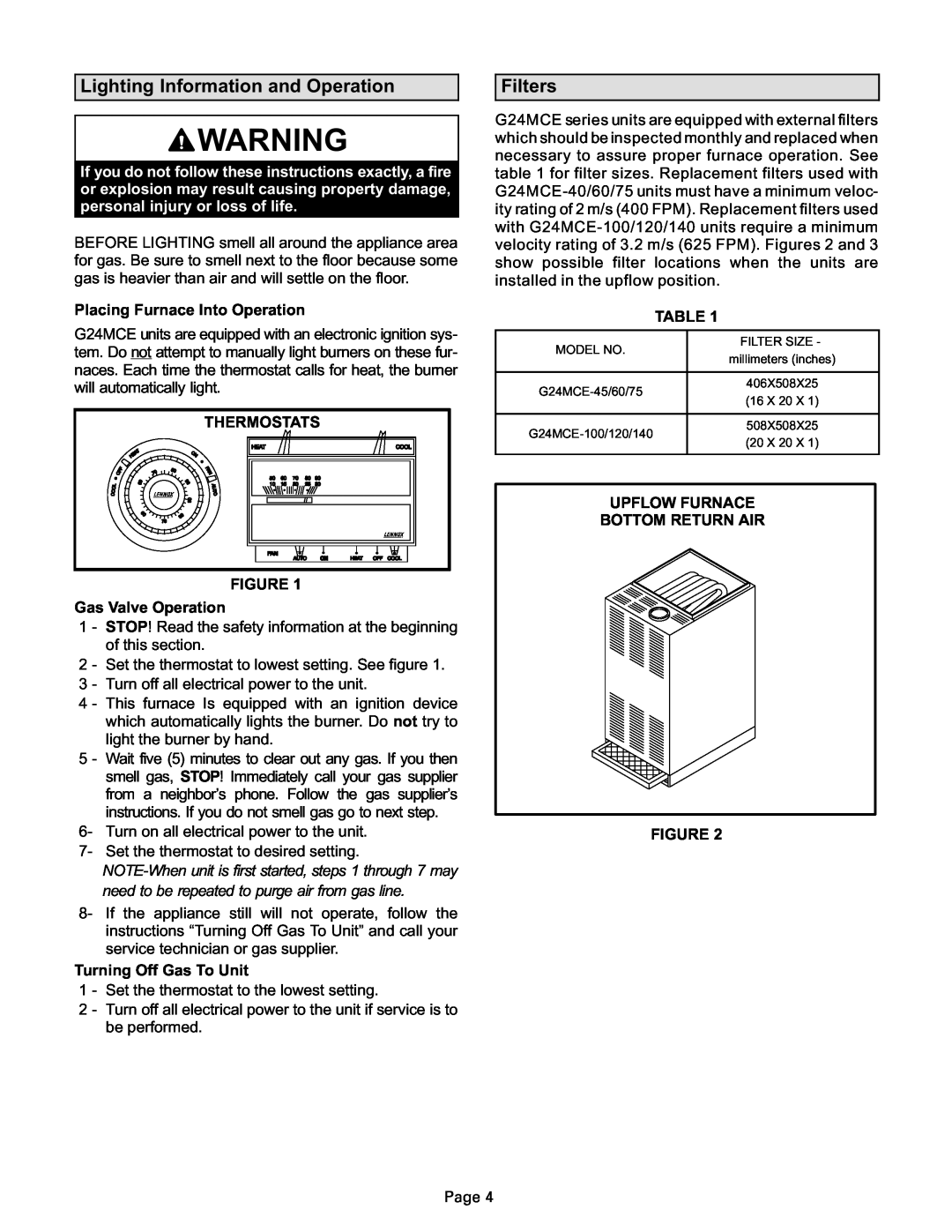 Lenoxx Electronics G24MCE manual Lighting Information and Operation, Filters 